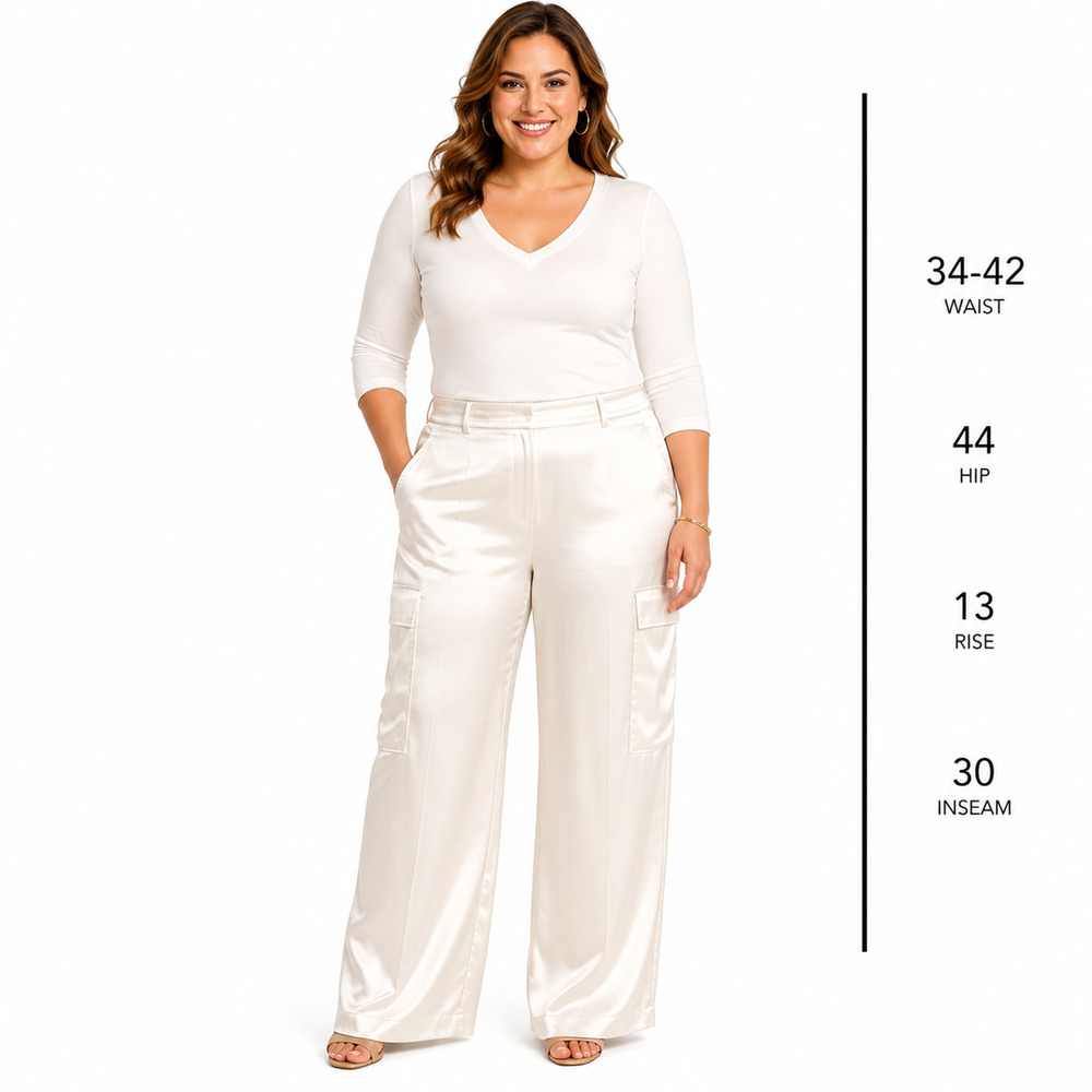 Chicos Cream Ivory Cargo Wide Leg Casual Pants Satin Elastic Waist sz 2.5 / 14